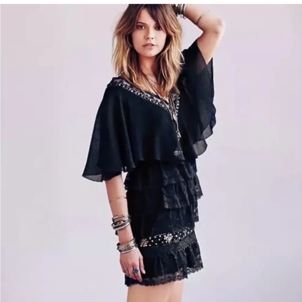 Free People Black Lace Beaded Mini Dress. Size 2